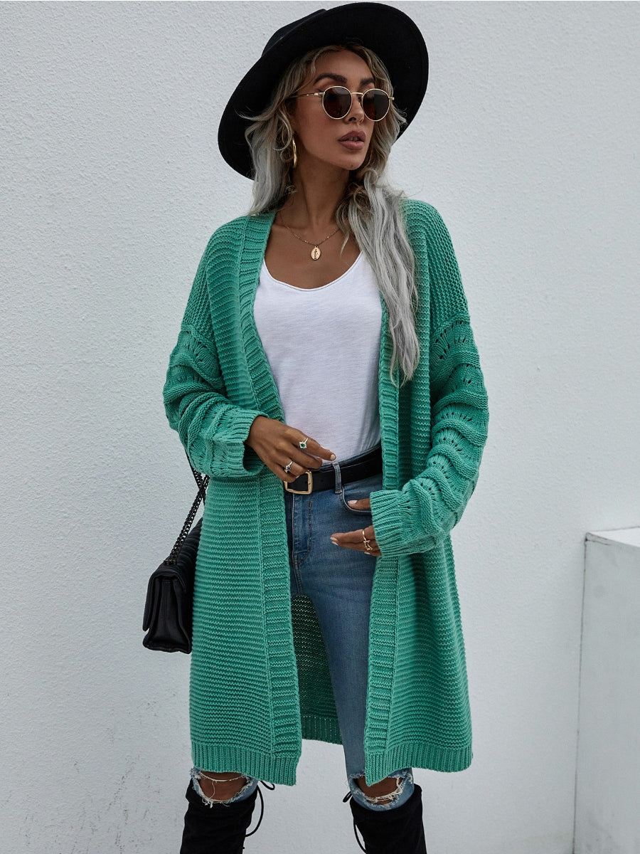 Calistally | Braid Open Knit Long Cardigan - Green