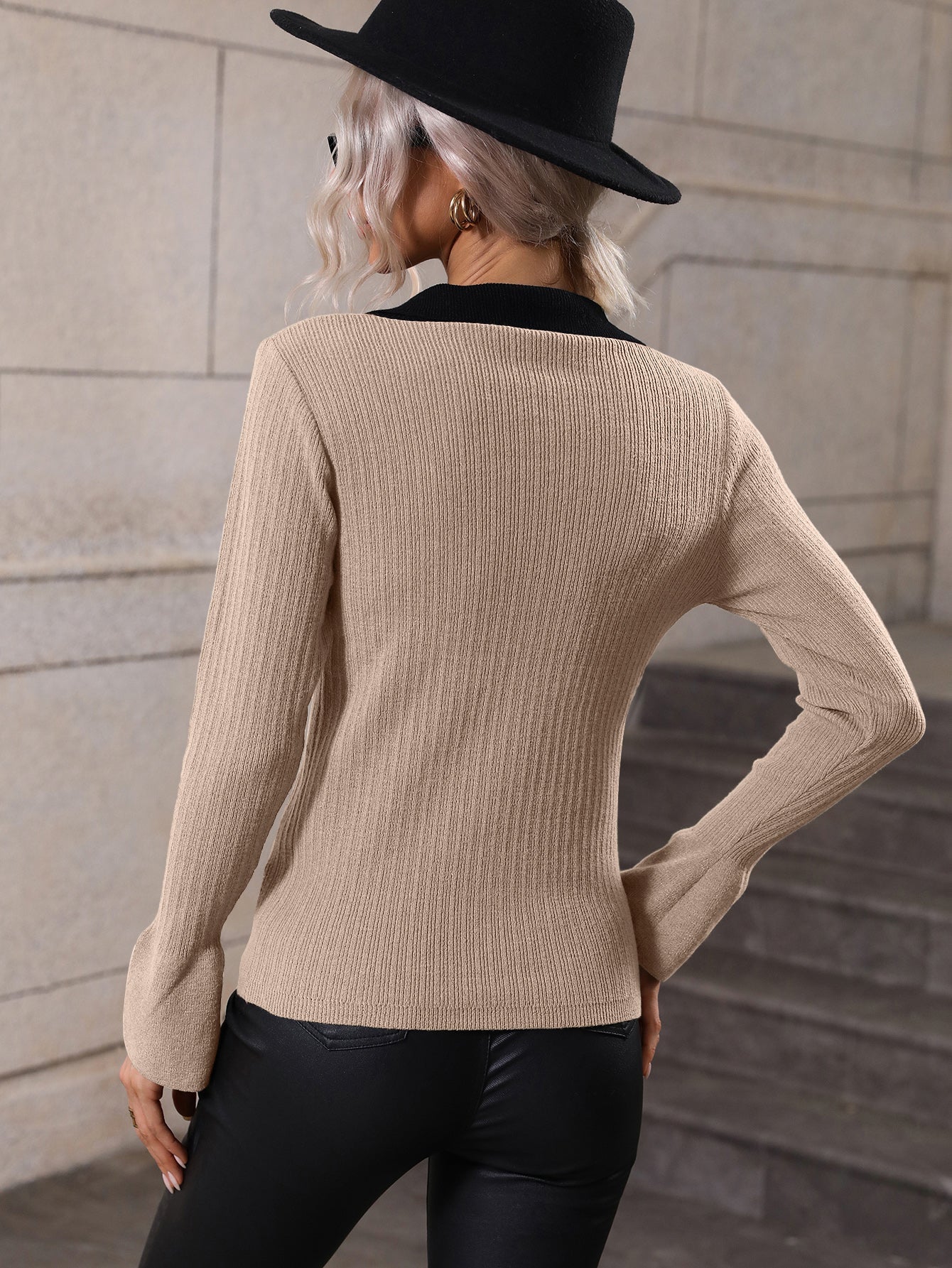 NAOMI RIBBED KNIT TOP - KHAKI