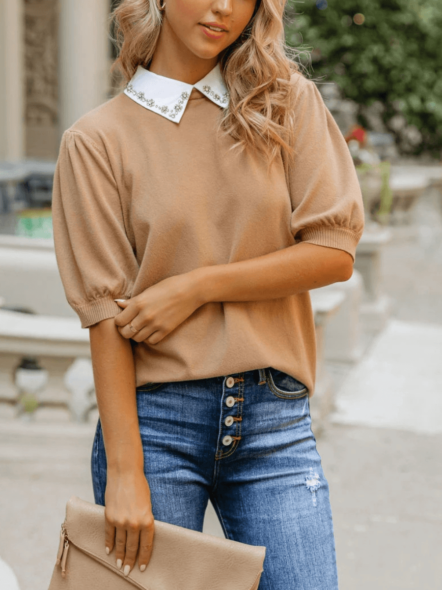 RHINESTONE COLLAR KNIT TOP - KHAKI