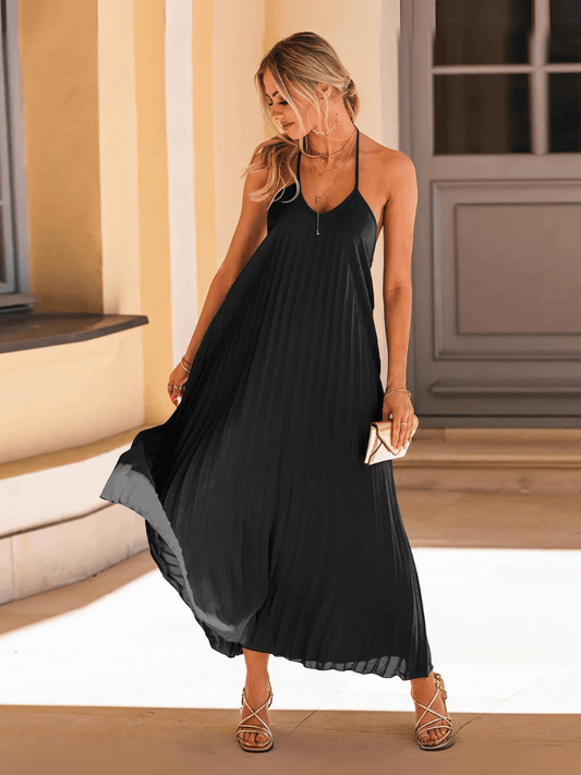 Eleanor Pleated Halter Maxi Dress - Black