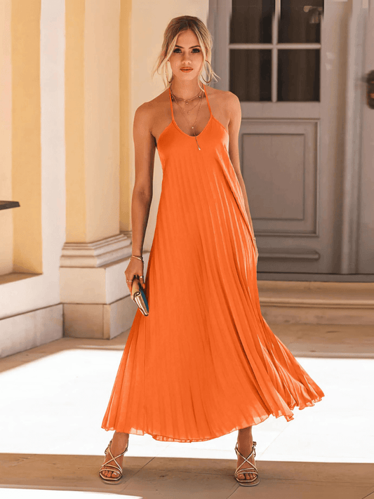 Eleanor Pleated Halter Maxi Dress - Orange