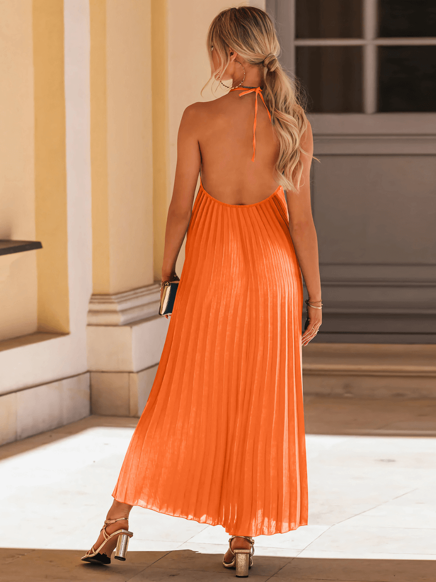 Eleanor Pleated Halter Maxi Dress - Orange