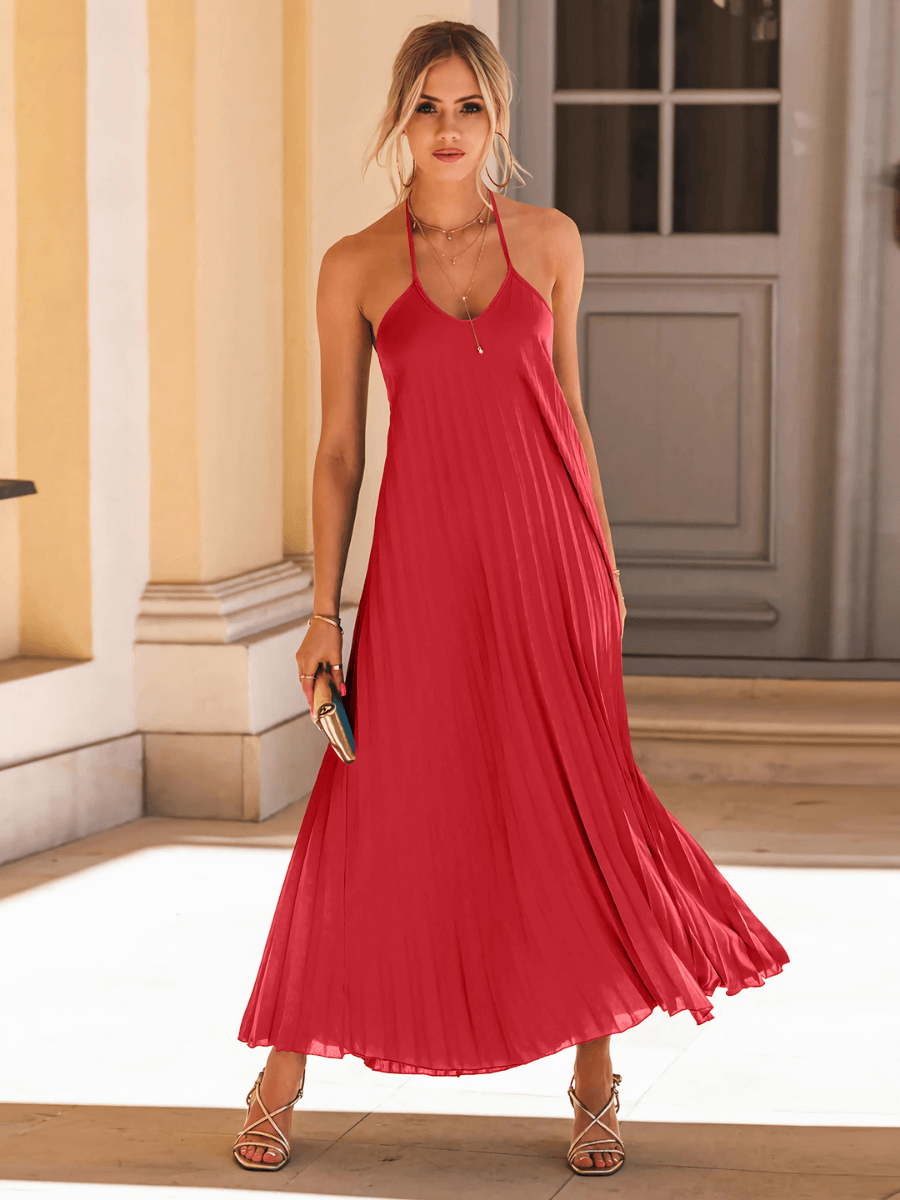 Eleanor Pleated Halter Maxi Dress - Red