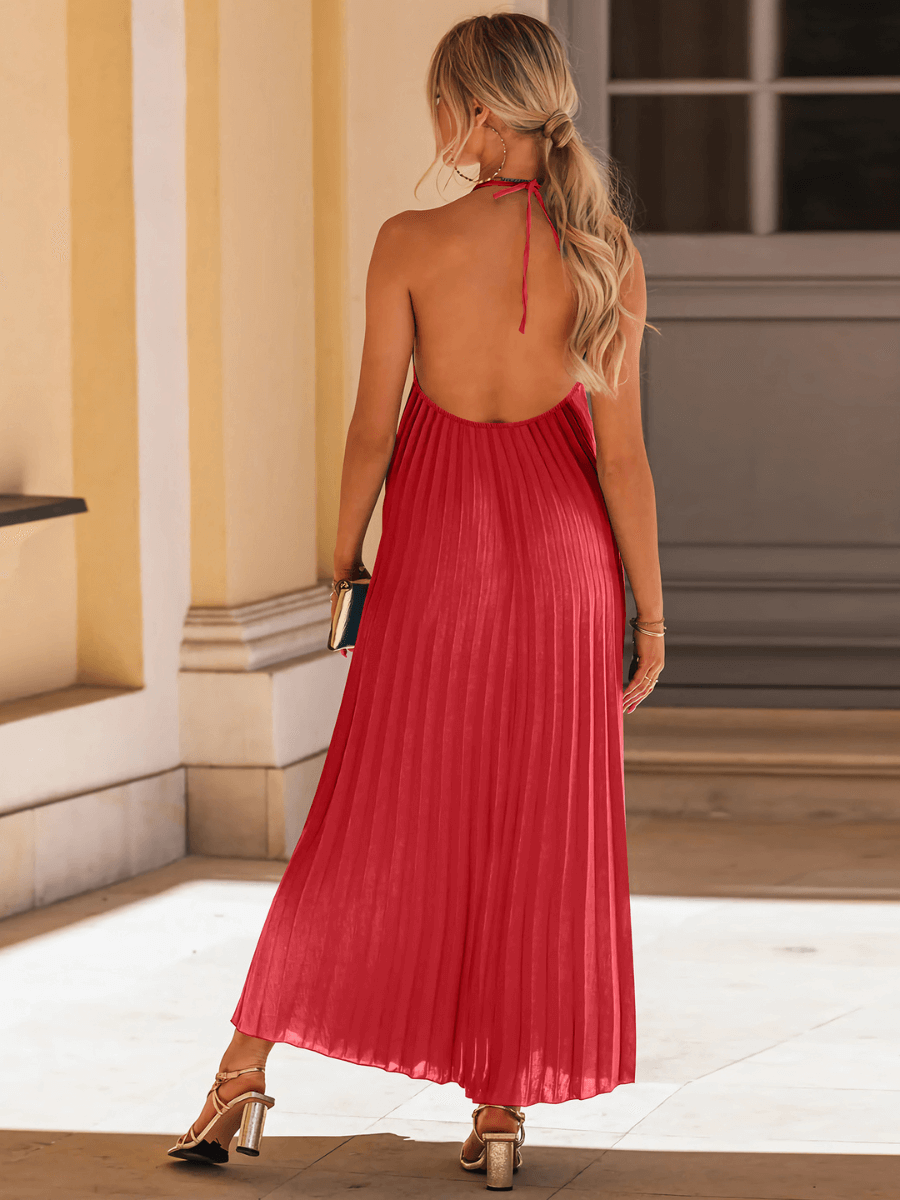 Eleanor Pleated Halter Maxi Dress - Red