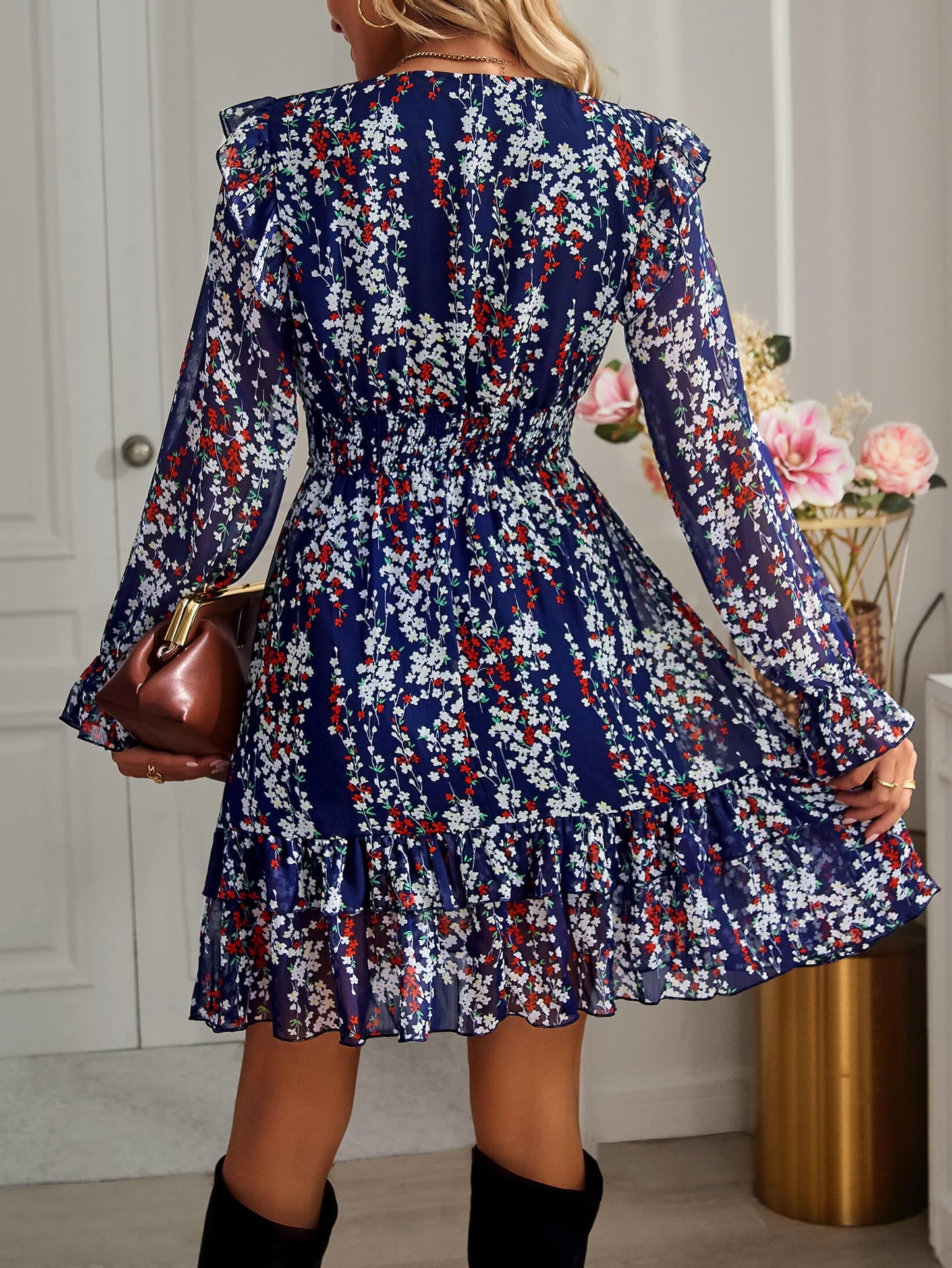 SHOWER ME IN FLORALS MINI DRESS - NAVY