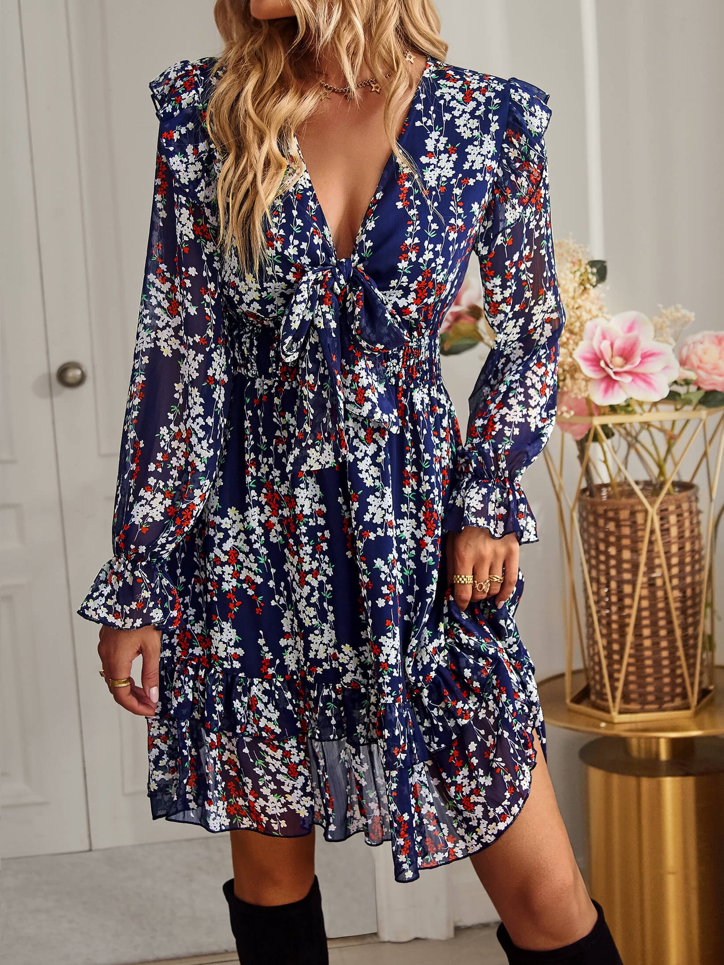 SHOWER ME IN FLORALS MINI DRESS - NAVY