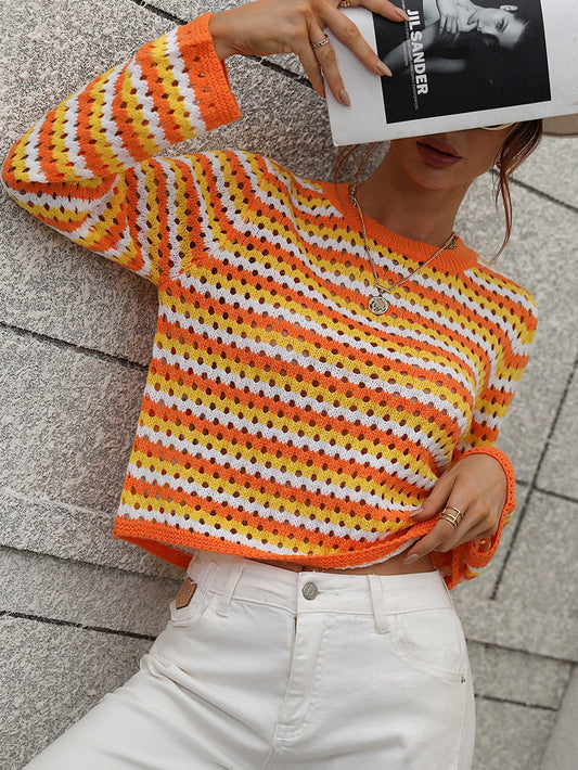 PERFORATED STRIPE PATTERN KNIT TOP - ORANGE