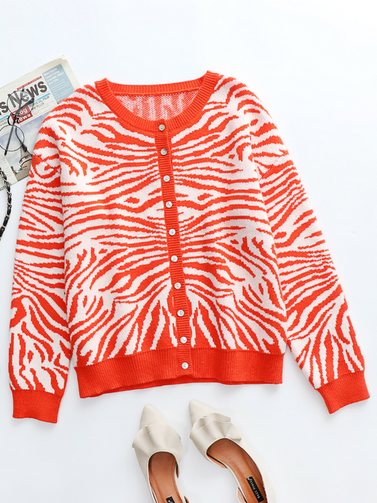 Calistally | Tiger Year Animal Patterned Knit Cardigan - Orange