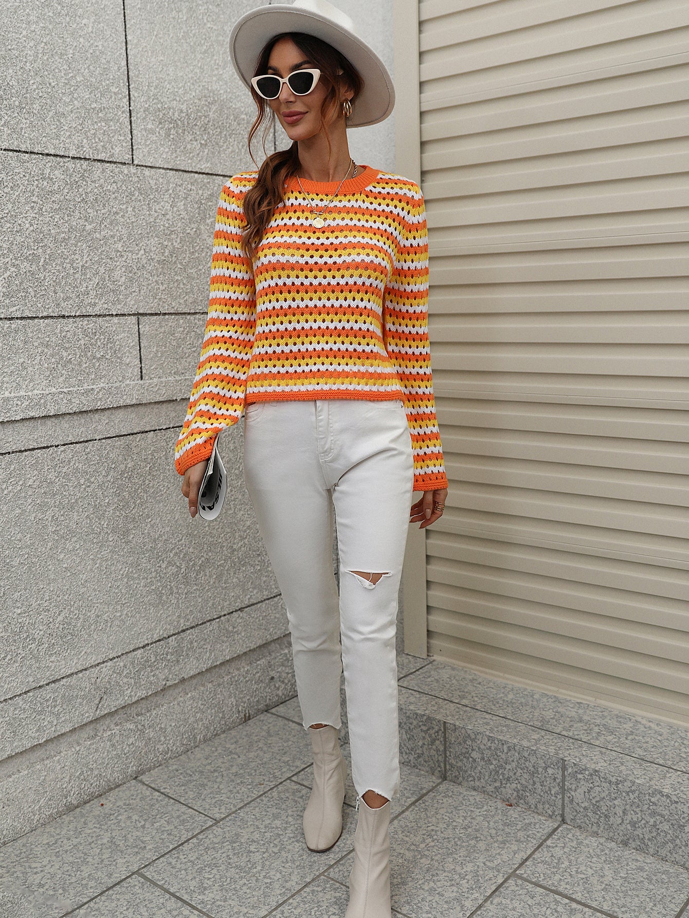 PERFORATED STRIPE PATTERN KNIT TOP - ORANGE