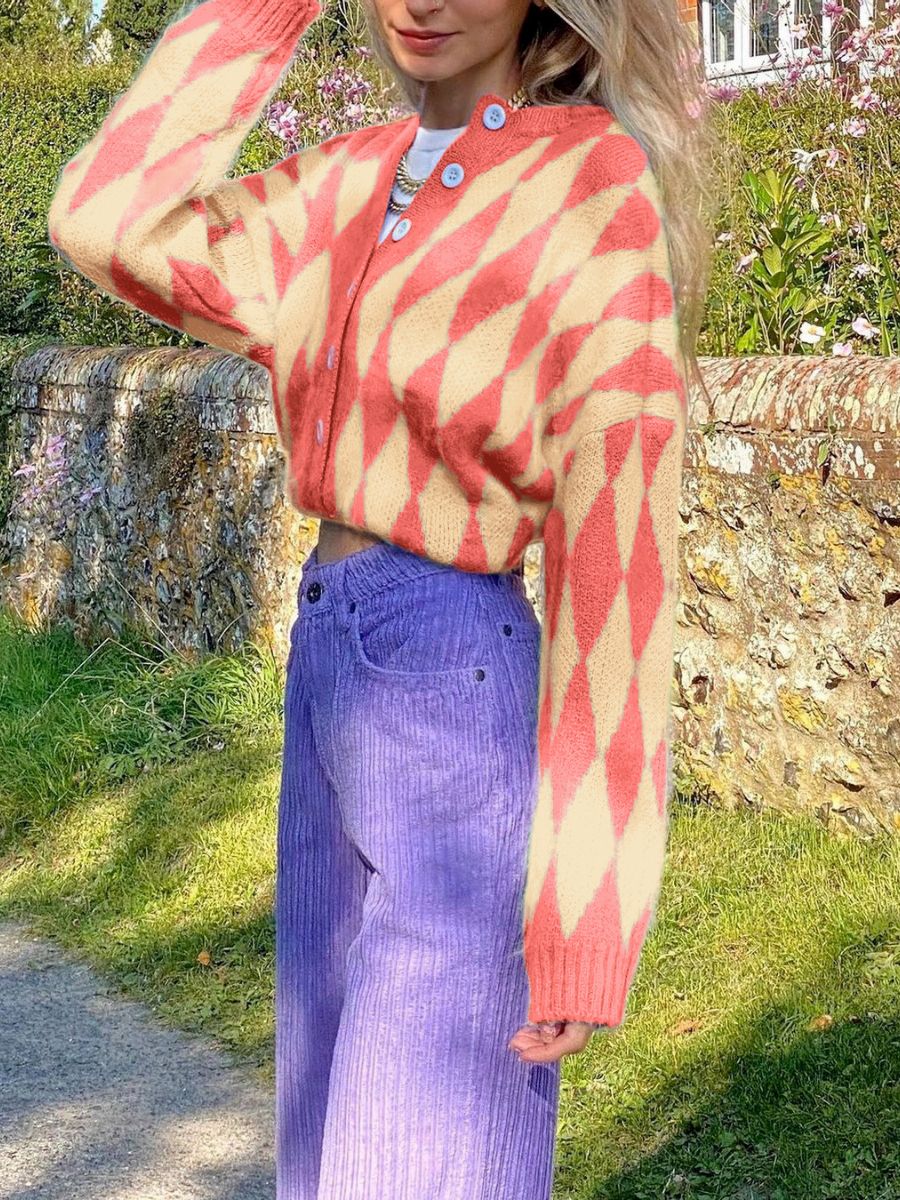 Calistally Doll | FELISE Chess Patterned Knit Cardigan - Orange