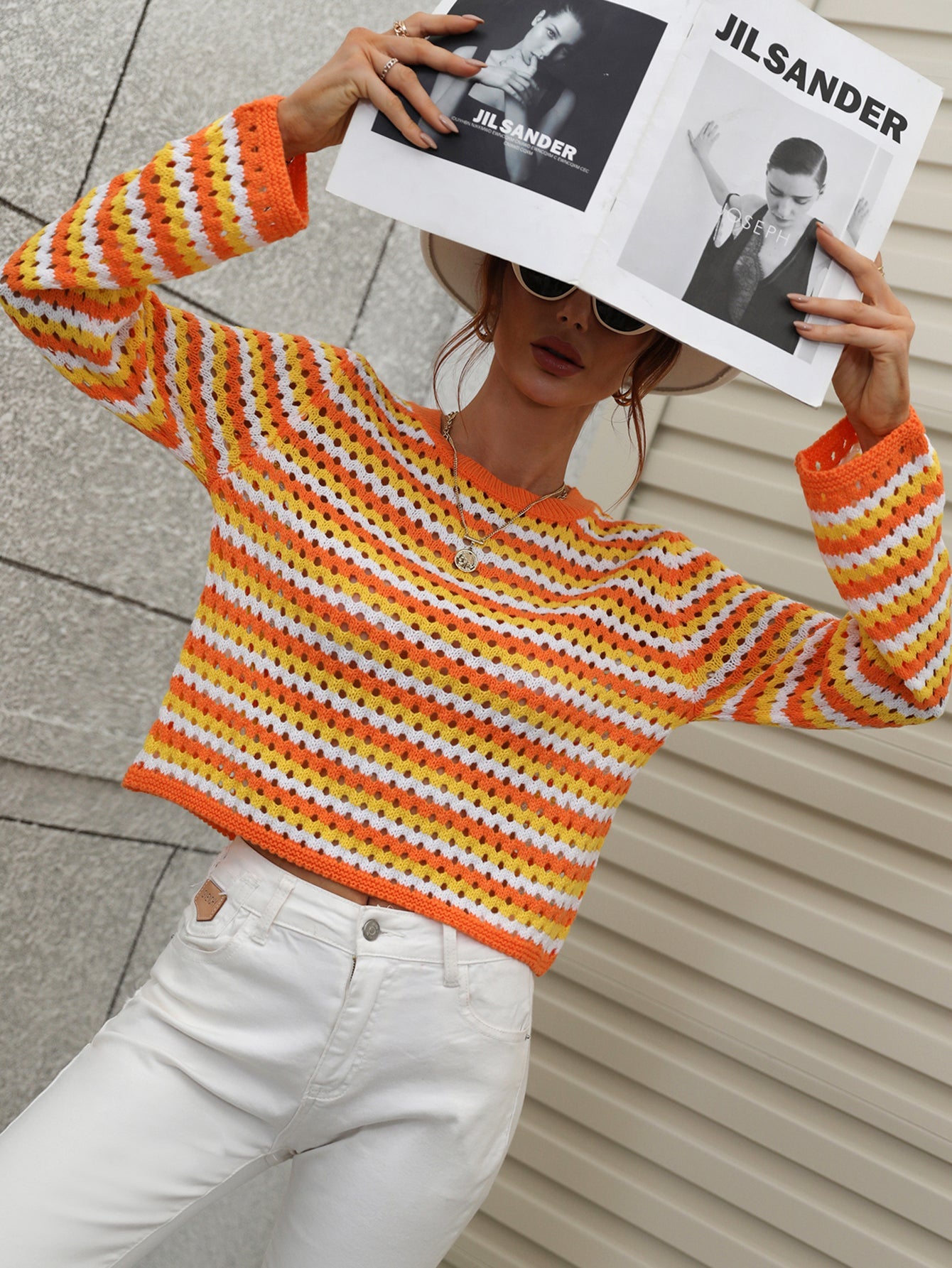 PERFORATED STRIPE PATTERN KNIT TOP - ORANGE