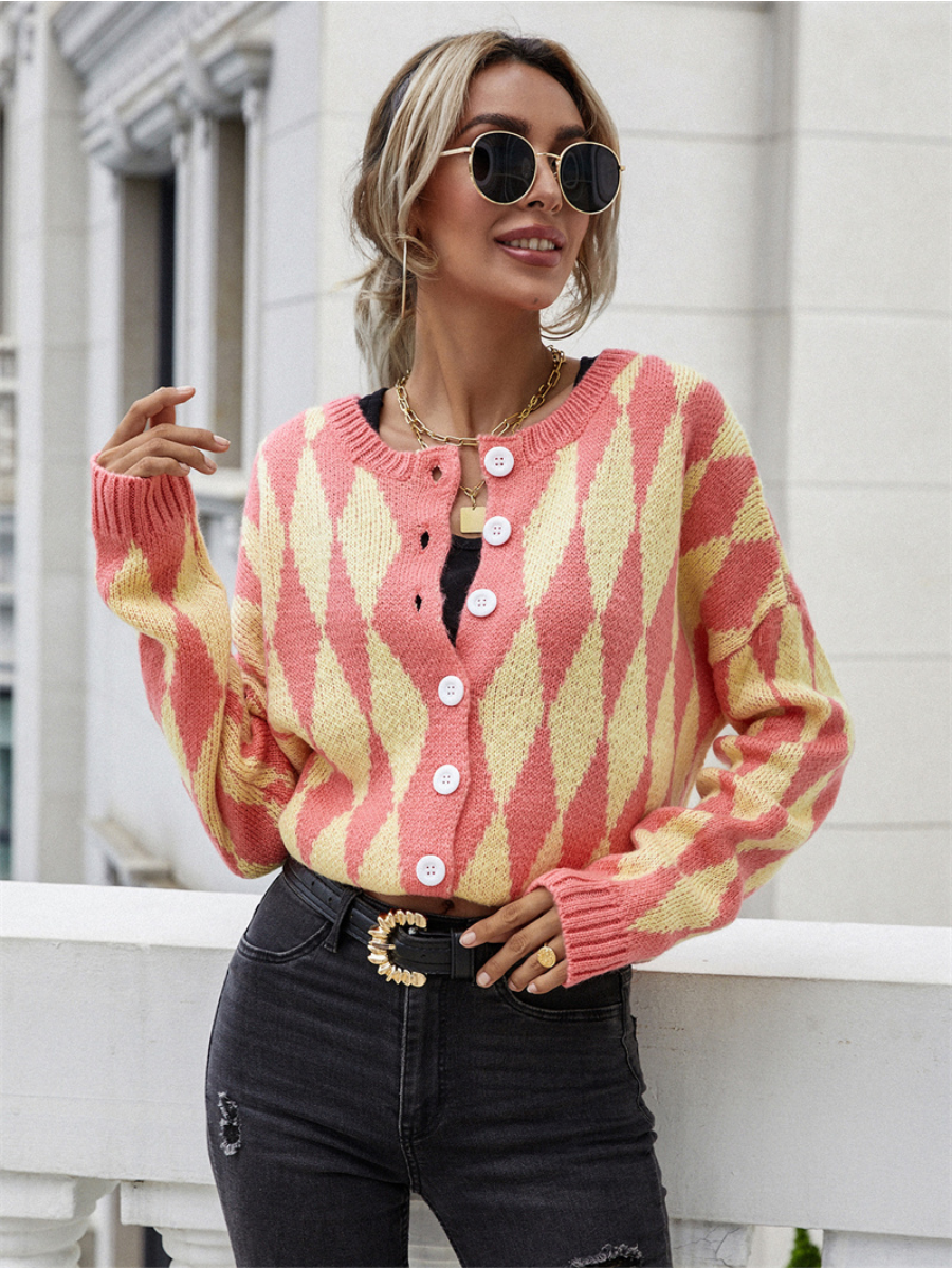 Calistally Doll | FELISE Chess Patterned Knit Cardigan - Orange