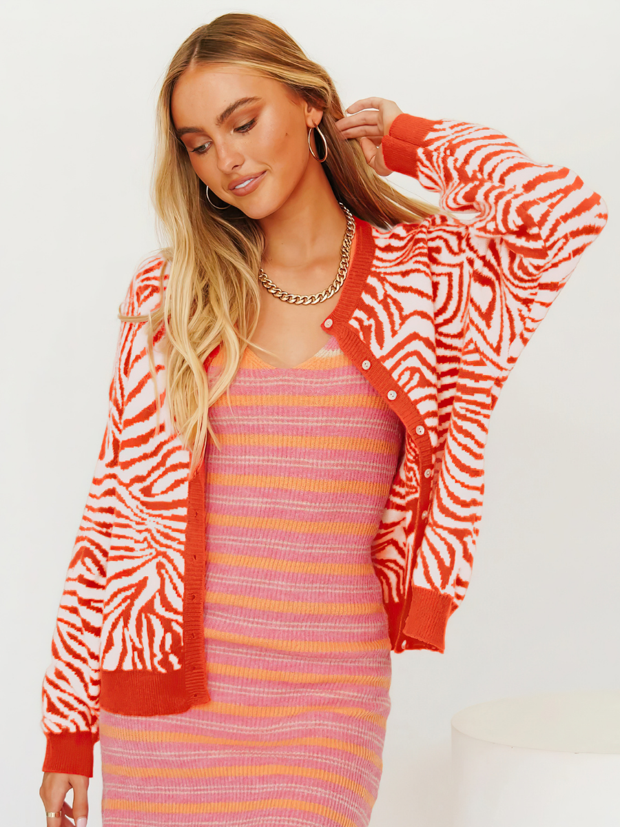 Calistally | Tiger Year Animal Patterned Knit Cardigan - Orange