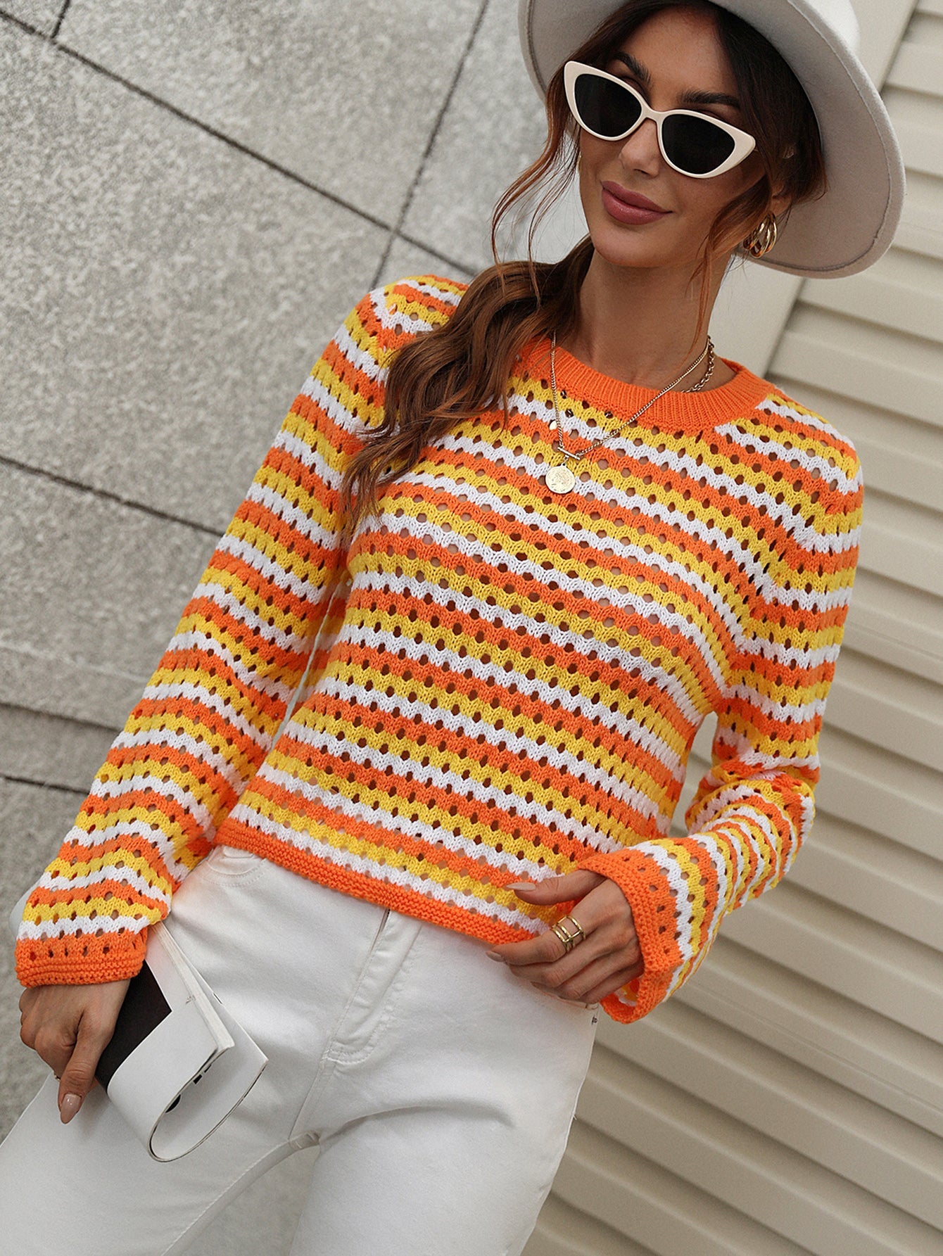 PERFORATED STRIPE PATTERN KNIT TOP - ORANGE