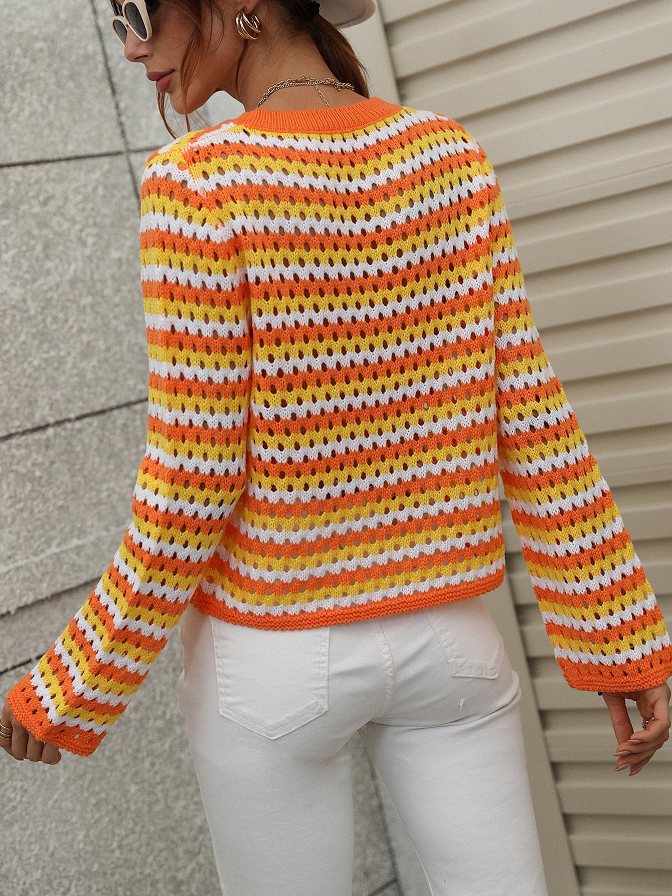 PERFORATED STRIPE PATTERN KNIT TOP - ORANGE