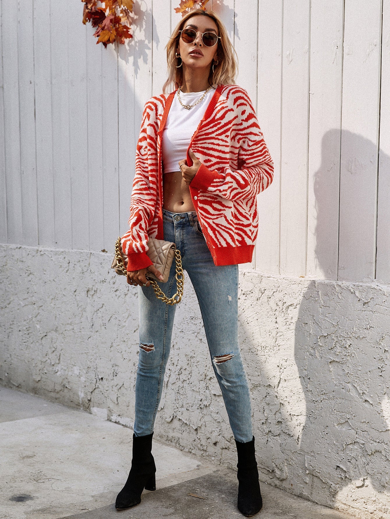 Calistally | Tiger Year Animal Patterned Knit Cardigan - Orange