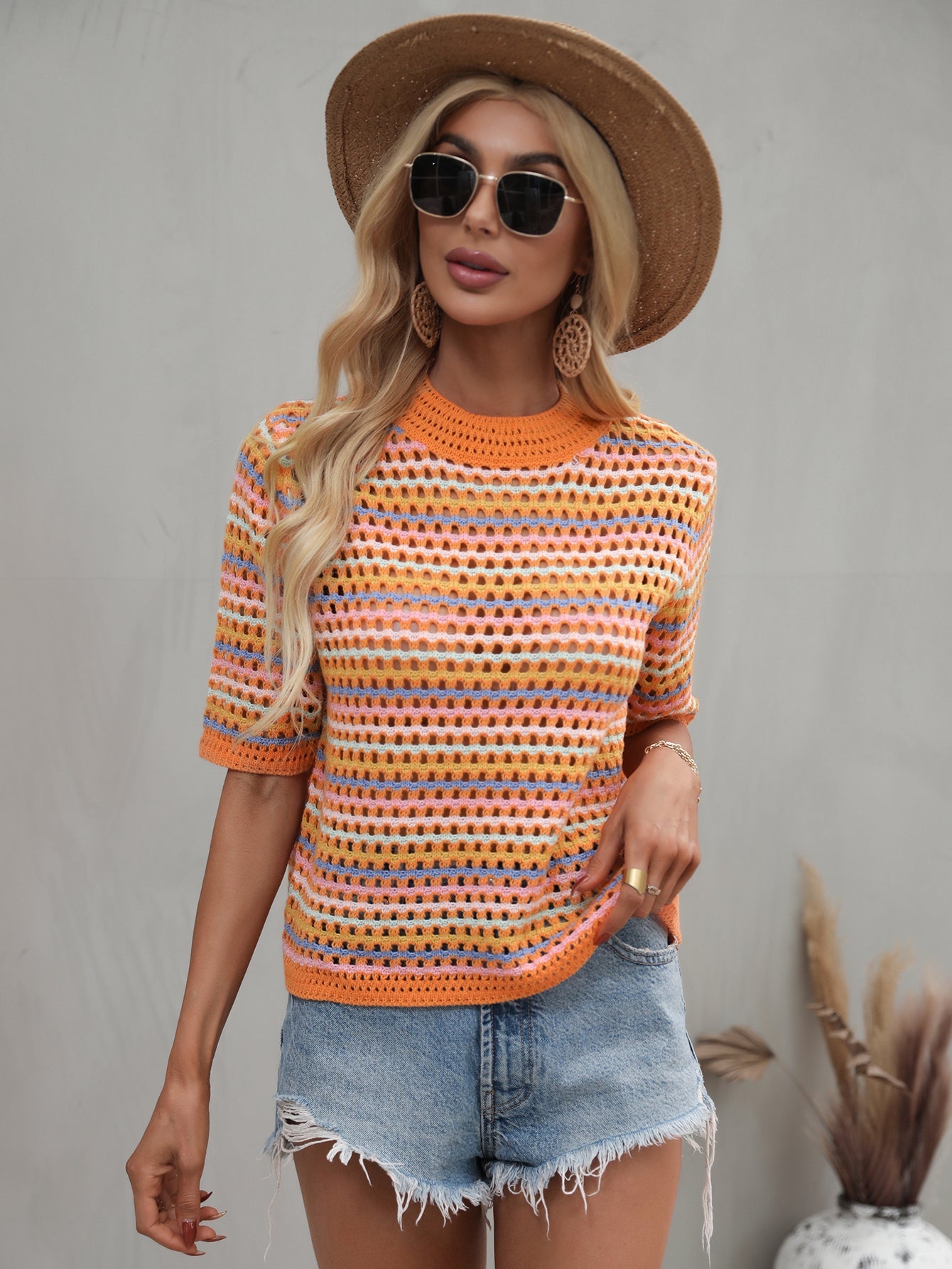 BEE CROCHET KNIT TOP - ORANGE STRIP