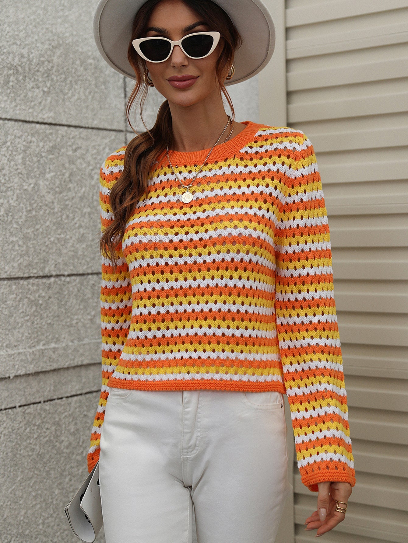 PERFORATED STRIPE PATTERN KNIT TOP - ORANGE