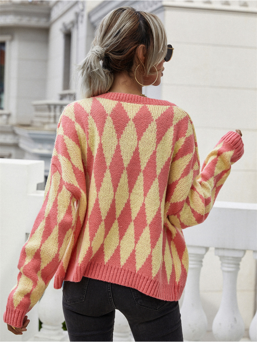 Calistally Doll | FELISE Chess Patterned Knit Cardigan - Orange