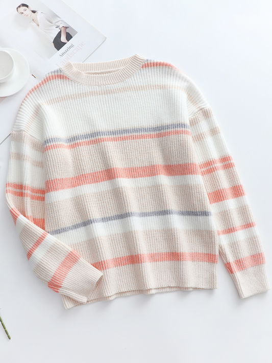 Calistally | Peach Grey Stripe Crew Neck Knit Top