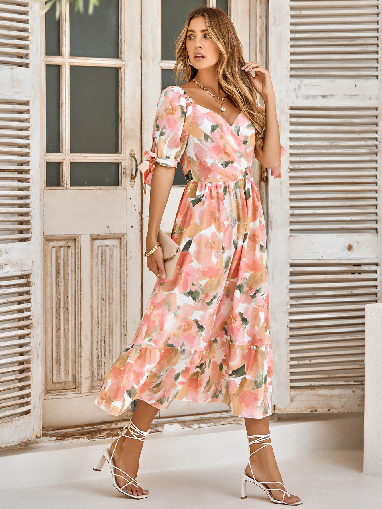 TANYA PAINTING FLORAL SHORT SLEEVE MAXI DRESS - PEACH