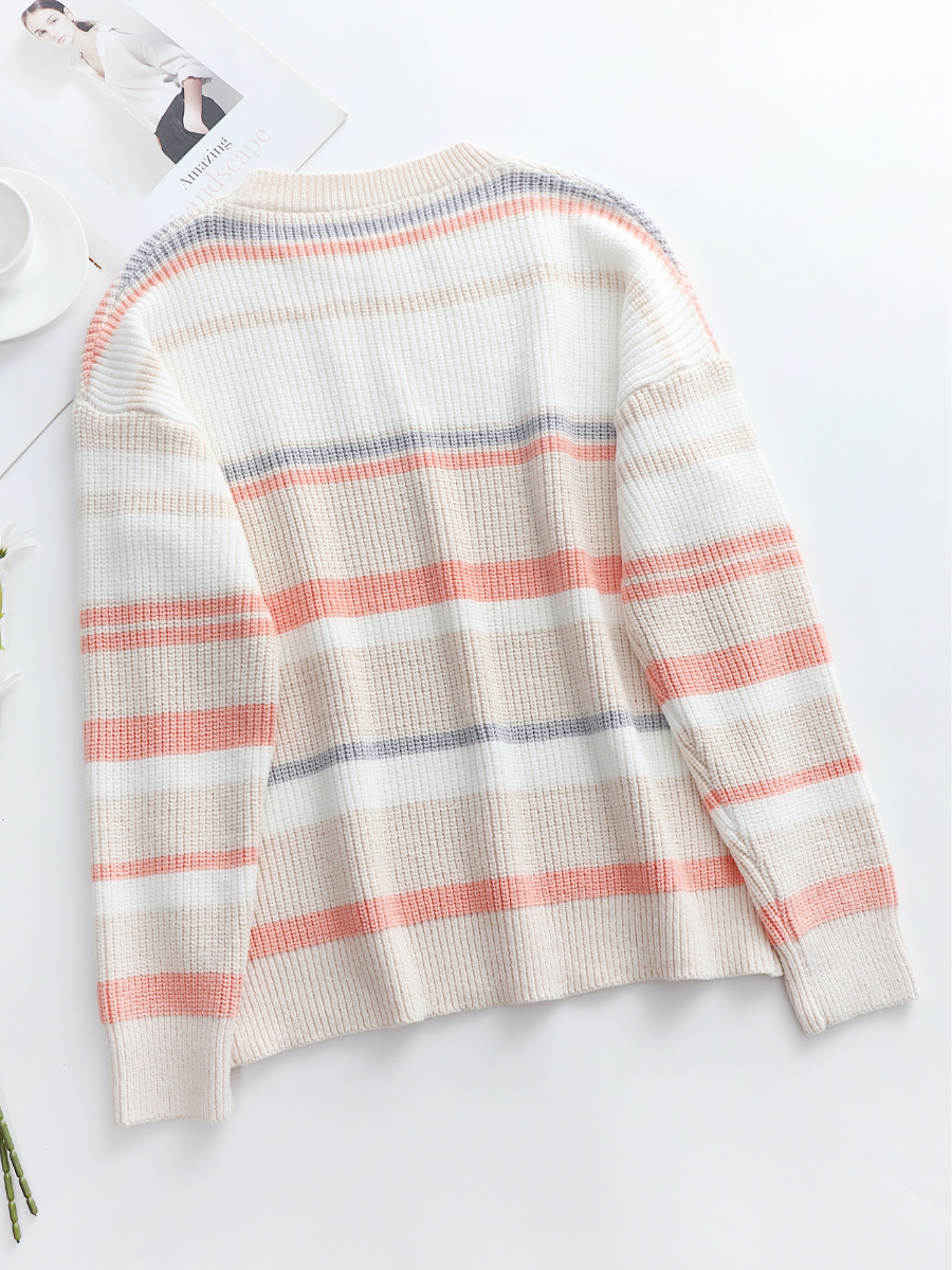 Calistally | Peach Grey Stripe Crew Neck Knit Top