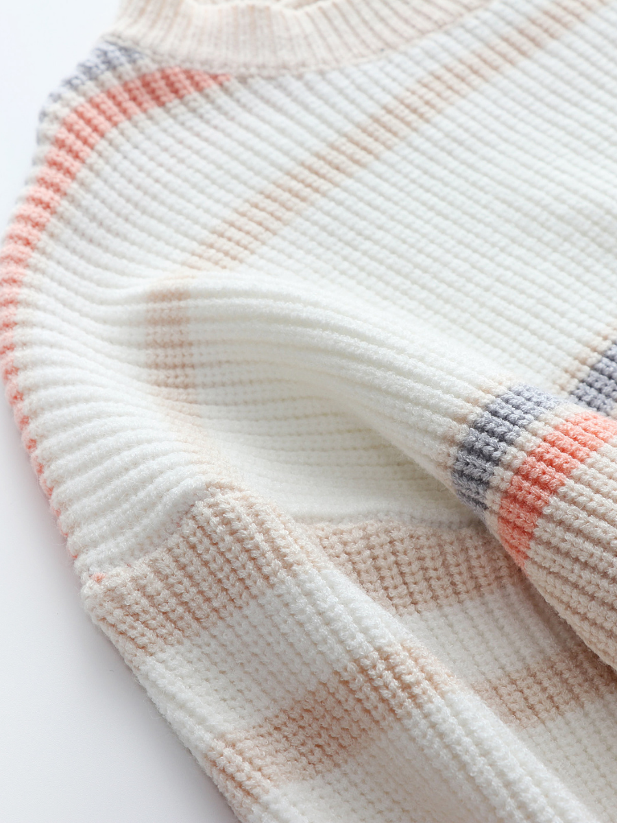 Calistally | Peach Grey Stripe Crew Neck Knit Top