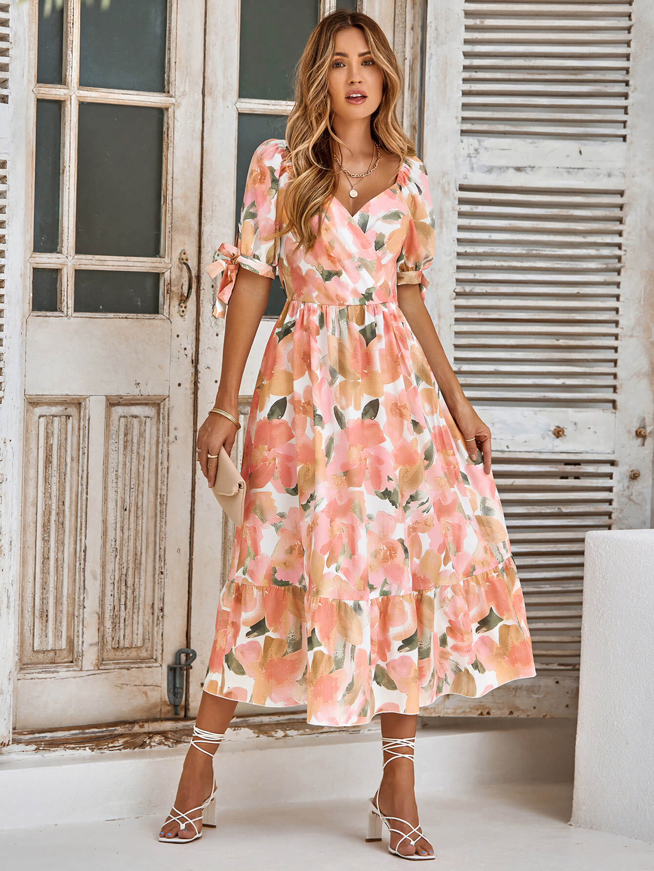 TANYA PAINTING FLORAL SHORT SLEEVE MAXI DRESS - PEACH
