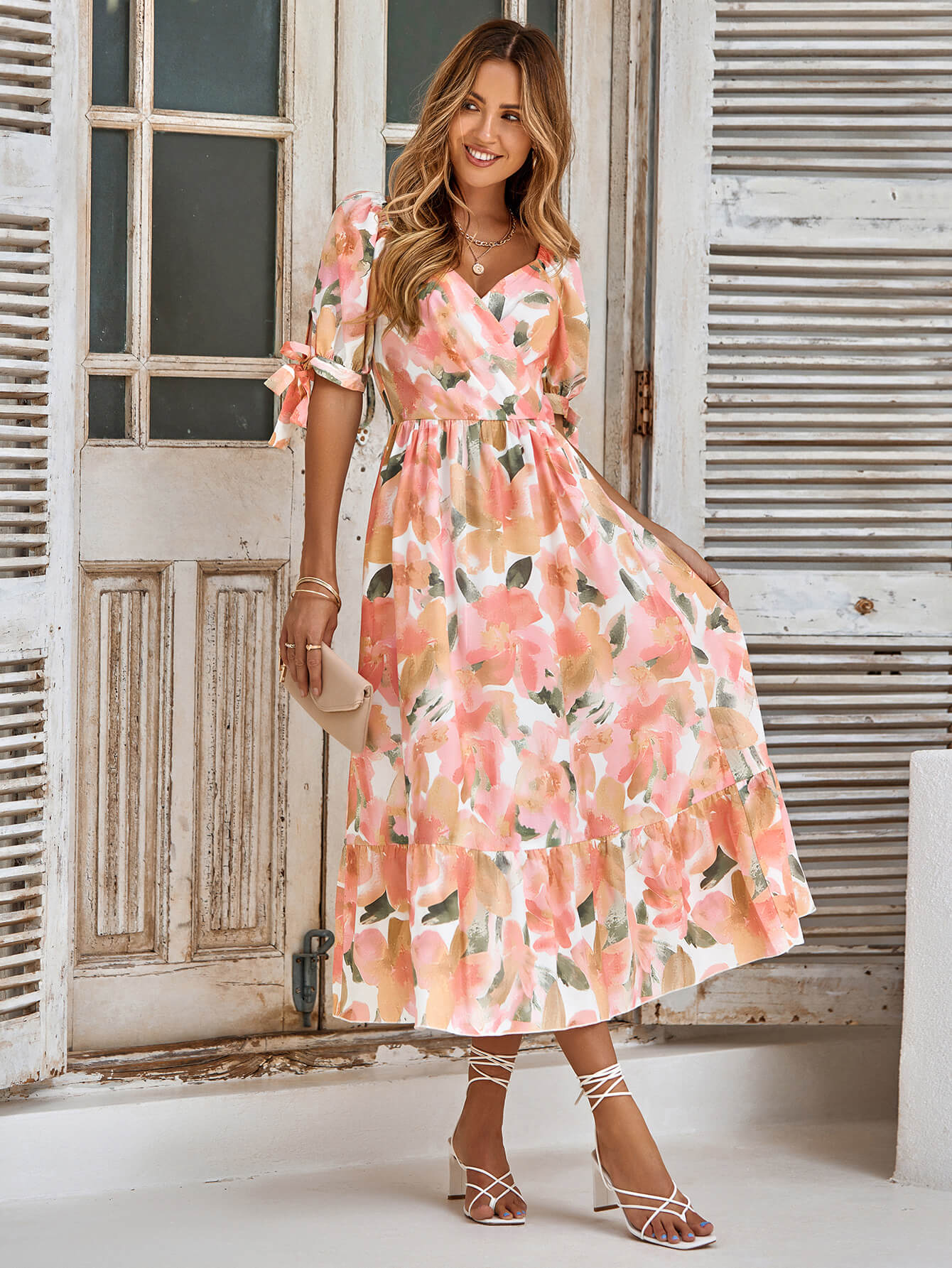 TANYA PAINTING FLORAL SHORT SLEEVE MAXI DRESS - PEACH
