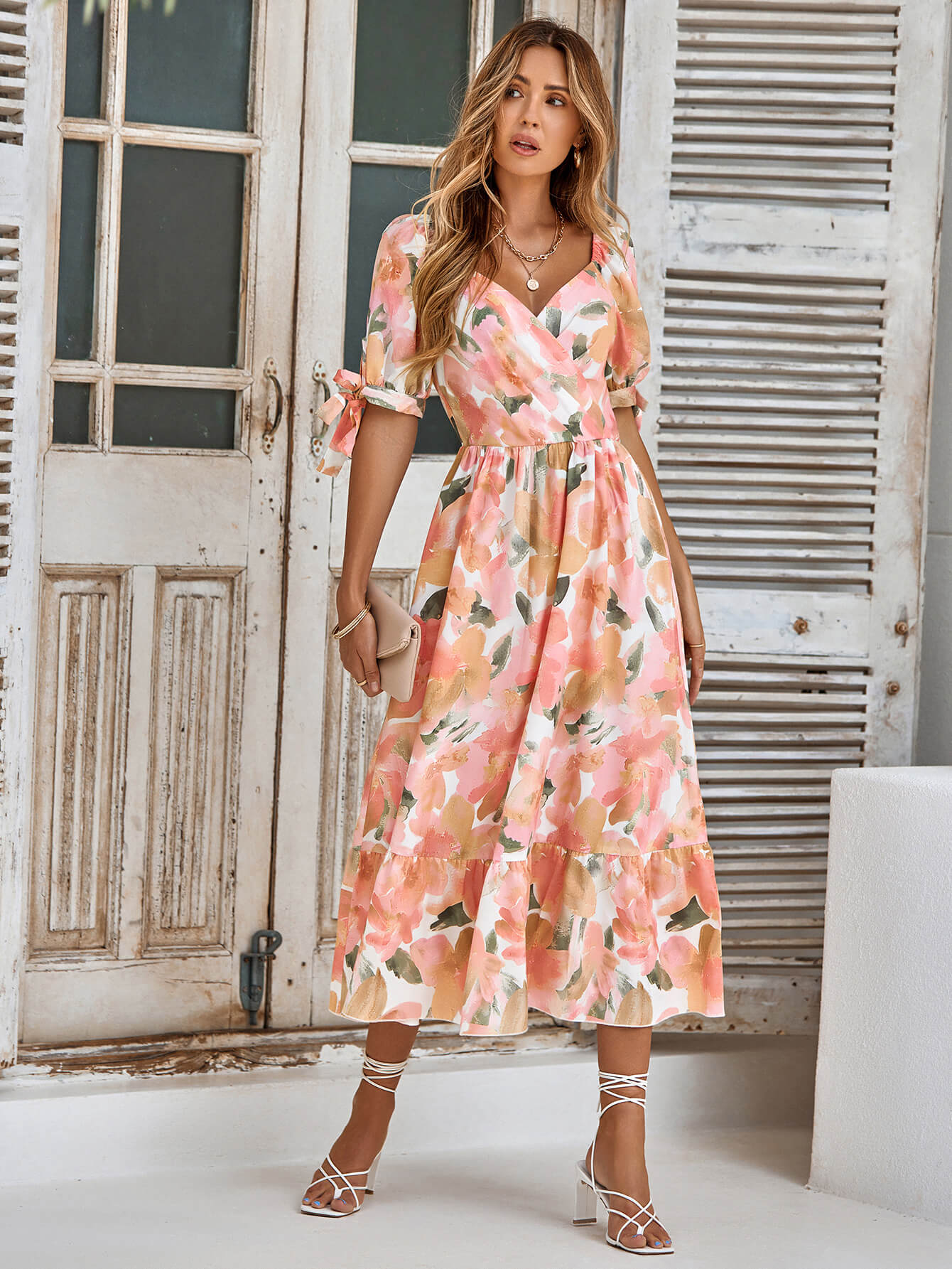TANYA PAINTING FLORAL SHORT SLEEVE MAXI DRESS - PEACH