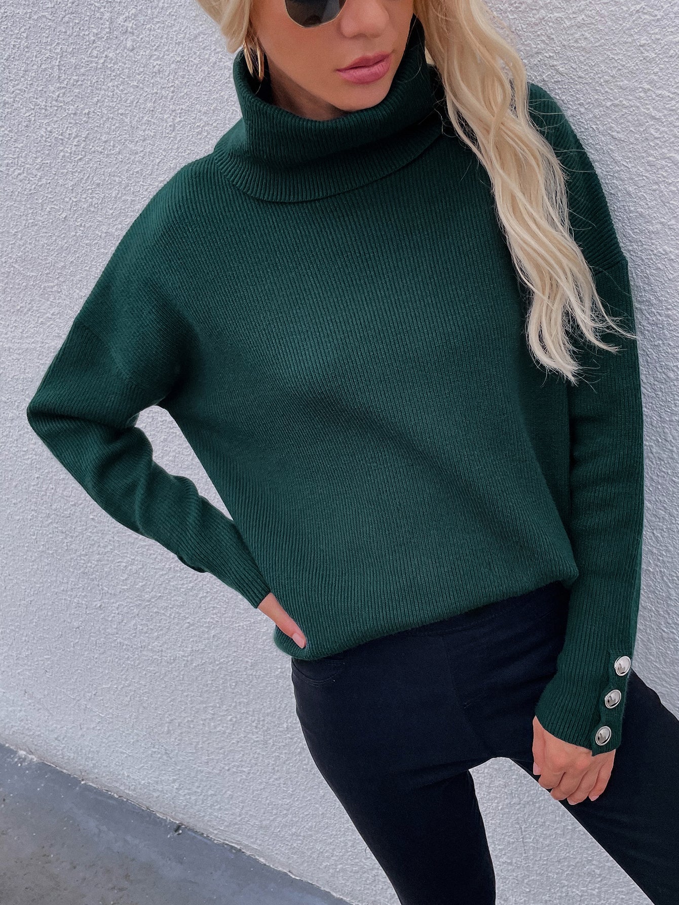 Calistally | Pine Green Oversized Collar Turtleneck Knit Sweater