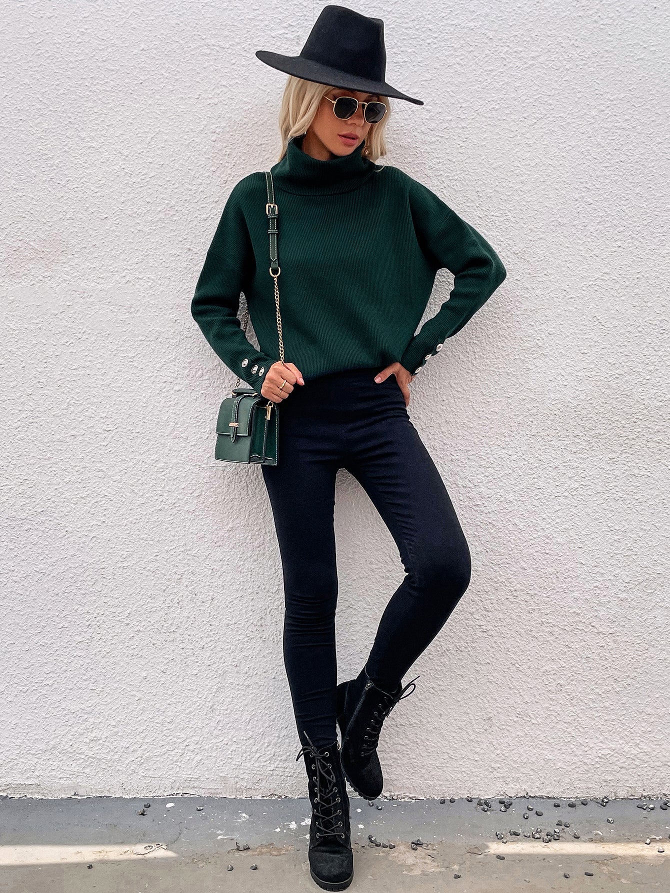 Calistally | Pine Green Oversized Collar Turtleneck Knit Sweater