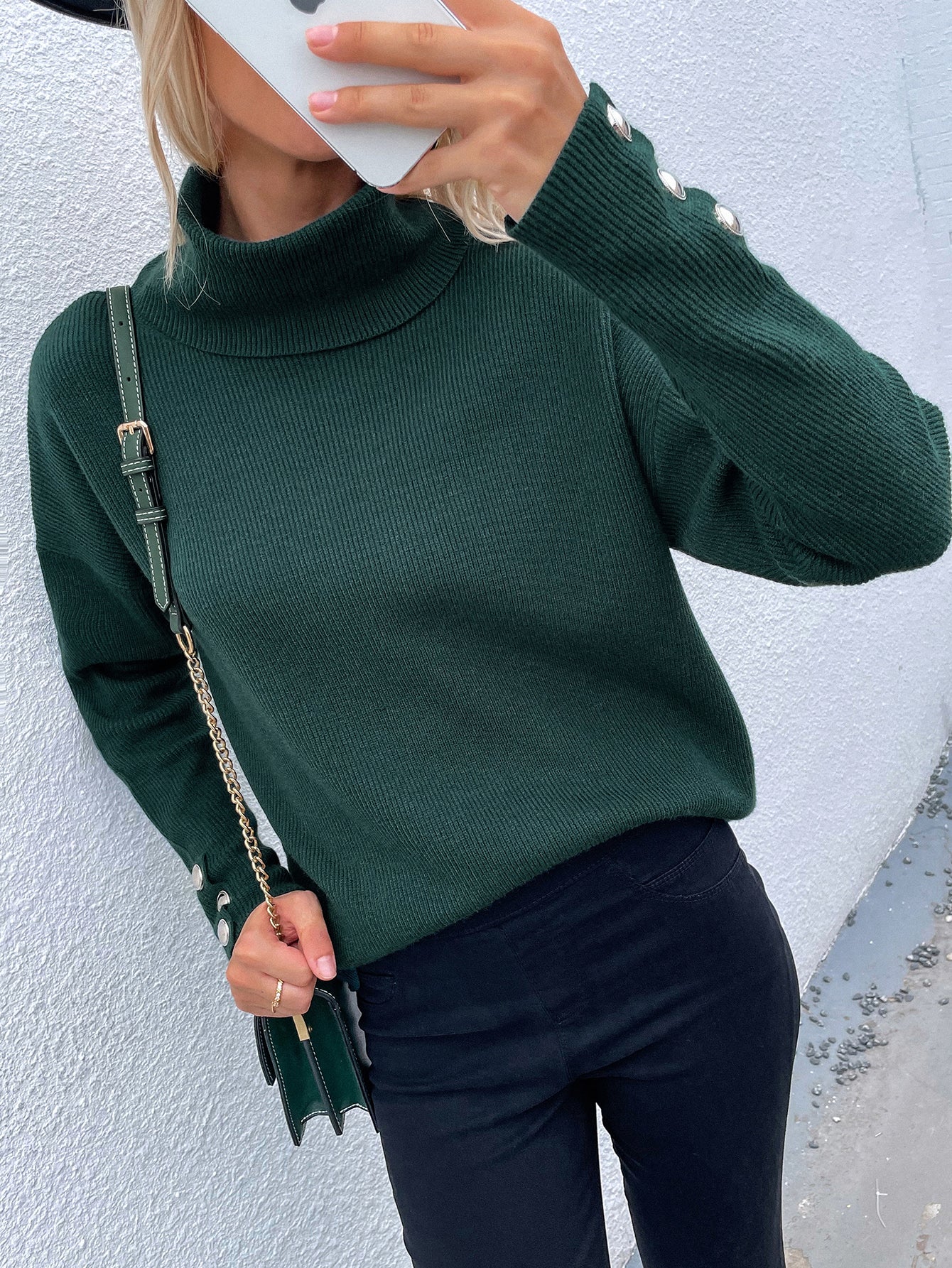 Calistally | Pine Green Oversized Collar Turtleneck Knit Sweater