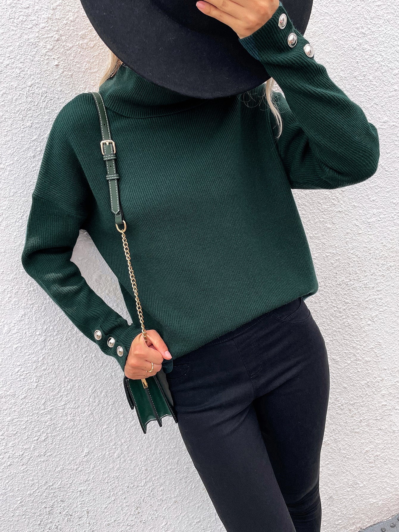 Calistally | Pine Green Oversized Collar Turtleneck Knit Sweater
