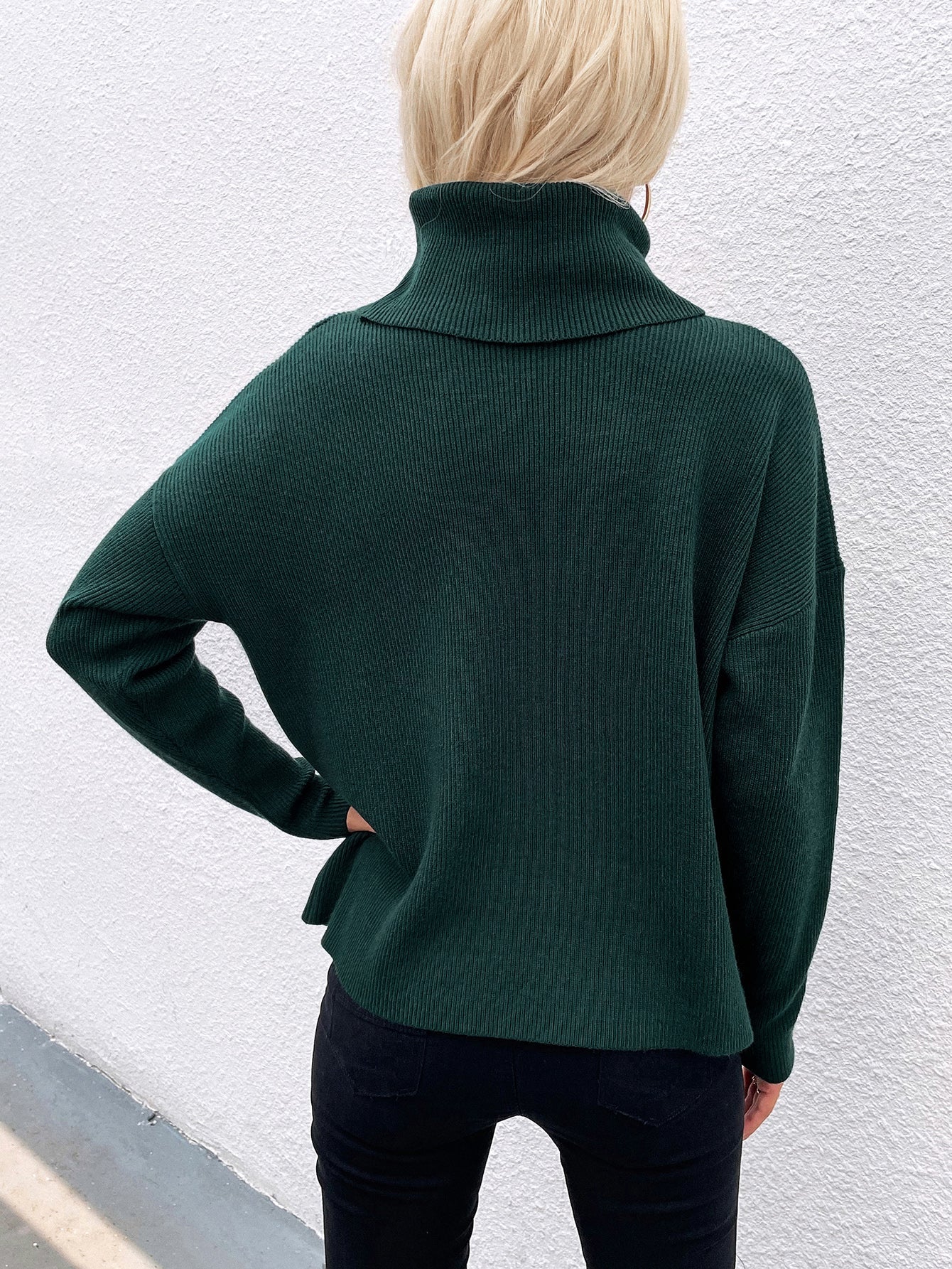Calistally | Pine Green Oversized Collar Turtleneck Knit Sweater