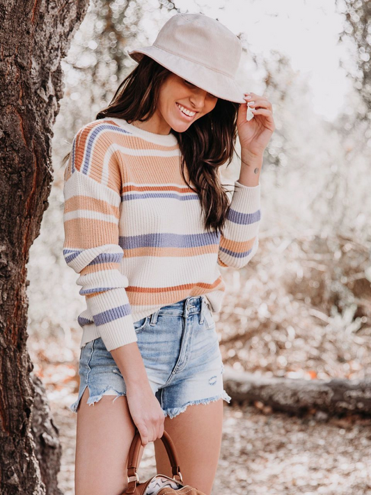 Calistally | Pink Mauve Stripe Crew Neck Knit Top