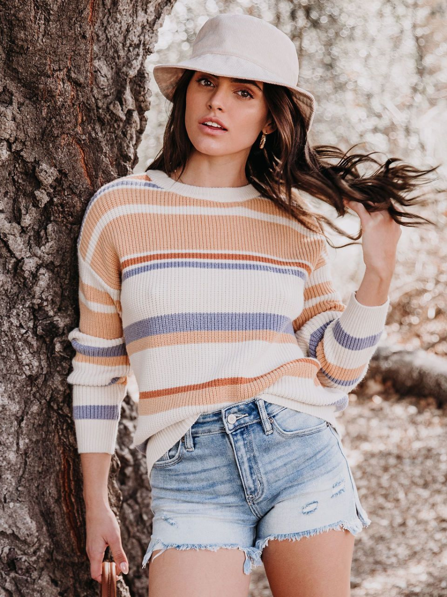 Calistally | Pink Mauve Stripe Crew Neck Knit Top
