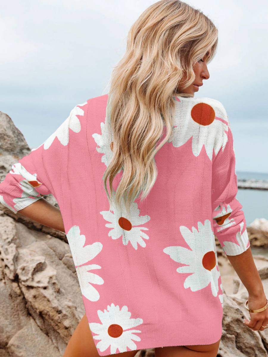 Calistally | Perforated Sunflower Patterned Knit Top - Pink