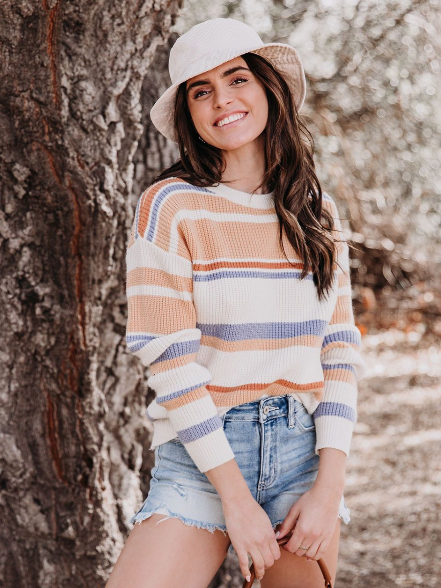 Calistally | Pink Mauve Stripe Crew Neck Knit Top