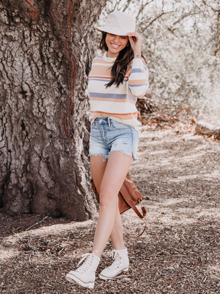 Calistally | Pink Mauve Stripe Crew Neck Knit Top