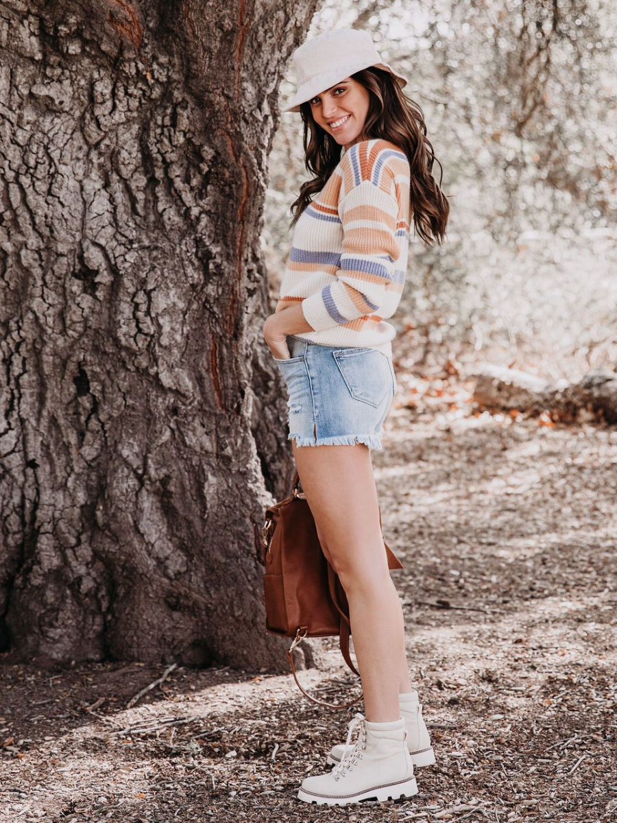 Calistally | Pink Mauve Stripe Crew Neck Knit Top