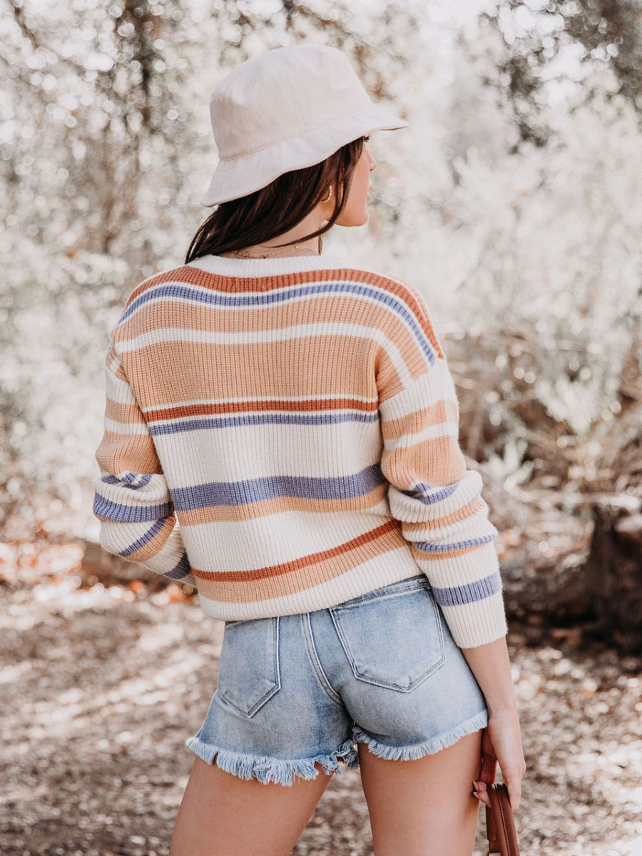 Calistally | Pink Mauve Stripe Crew Neck Knit Top