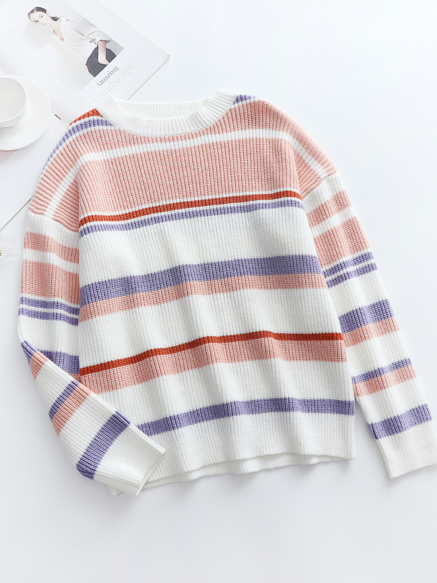 Calistally | Pink Mauve Stripe Crew Neck Knit Top