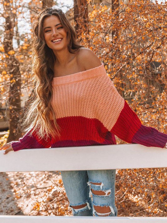 Calistally Doll | EVELINA Pink Red Tri-Stripe Color Knit Pullover
