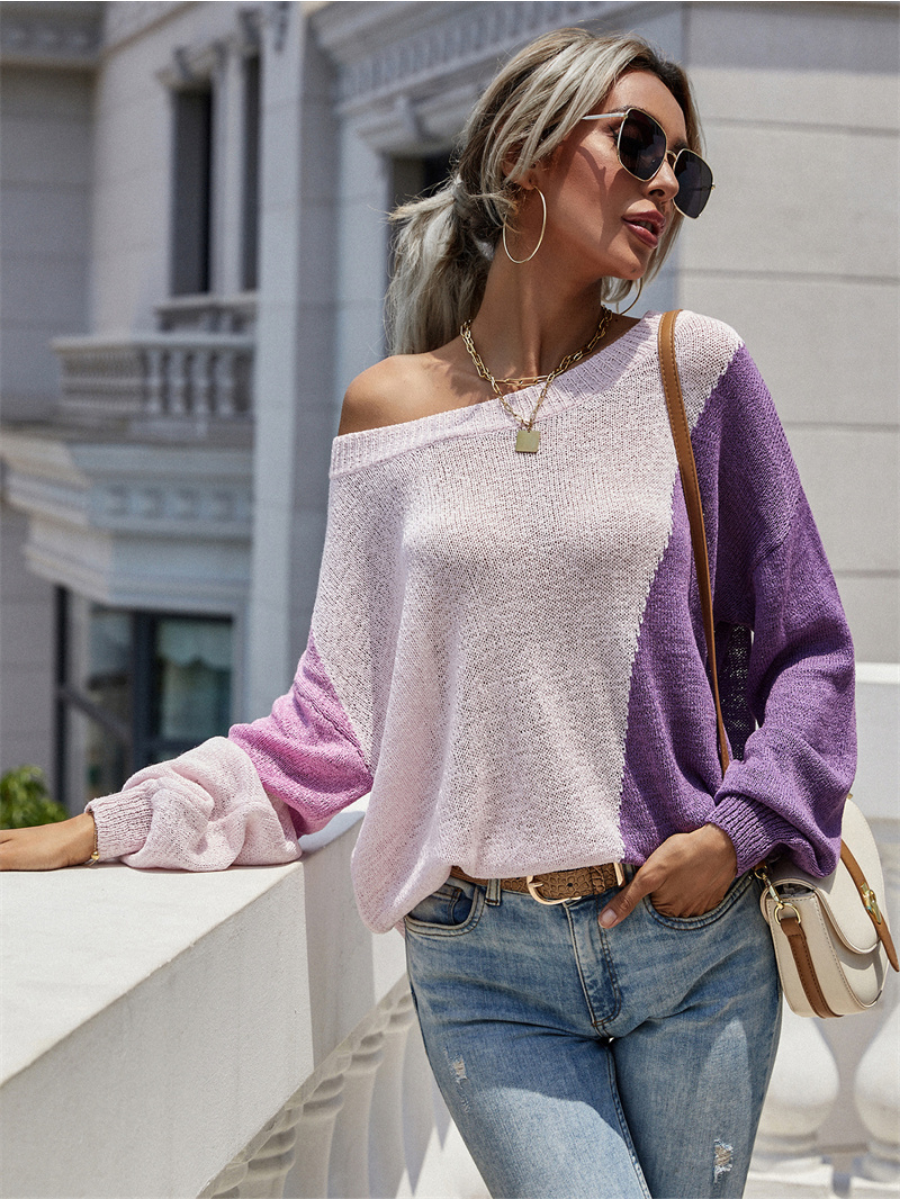 Calistally | GRANIA Two Tone Color Block Knit Sweater - Purple