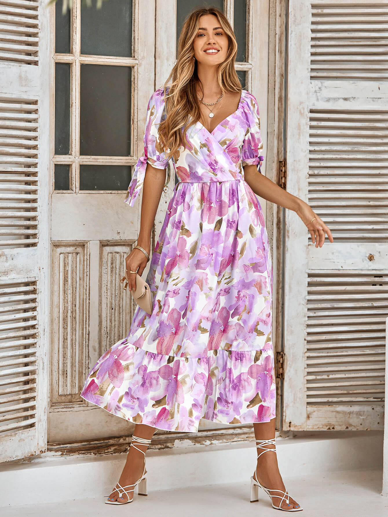 TANYA PAINTING FLORAL SHORT SLEEVE MAXI DRESS - PURPLE