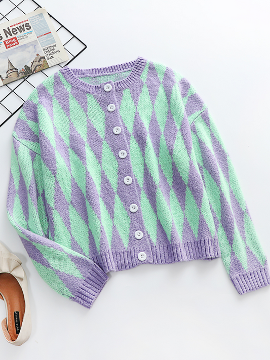 Calistally | FELISE Chess Patterned Knit Cardigan - Purple