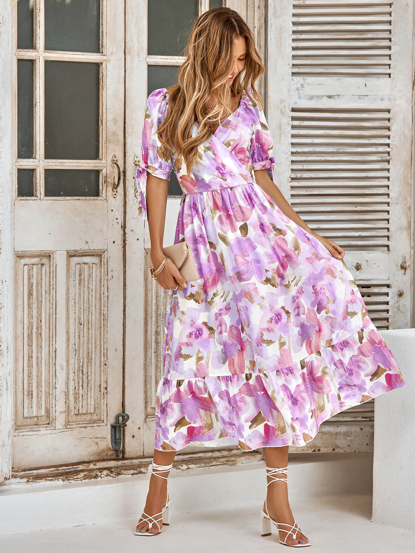 TANYA PAINTING FLORAL SHORT SLEEVE MAXI DRESS - PURPLE
