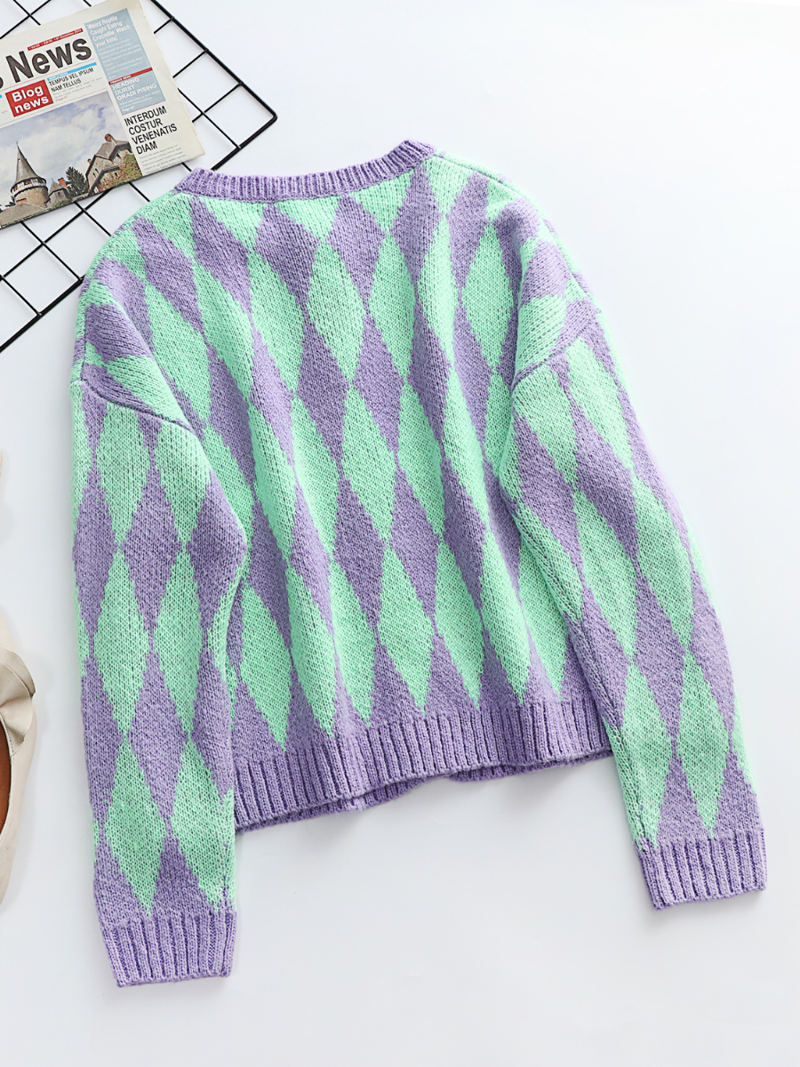 Calistally | FELISE Chess Patterned Knit Cardigan - Purple