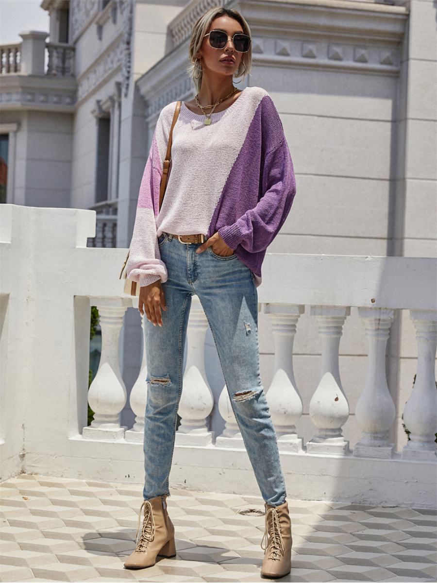 Calistally | GRANIA Two Tone Color Block Knit Sweater - Purple